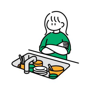 シンクに洗い物が溜まり、めんどくさそうに眺めている女性のイラスト