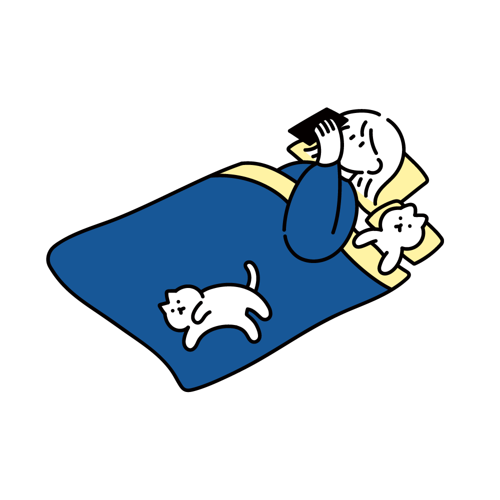 ２匹の猫と一緒に横になり、スマホを見ている女性のイラスト