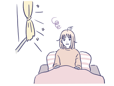 朝のベッドで落ち込んでいる女性のイラスト