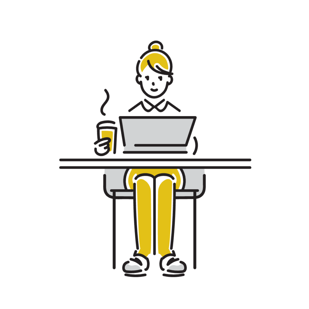 飲み物を飲みながらパソコン作業をしている女性のイラスト