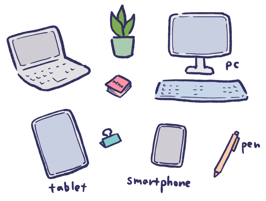 PCなどの仕事グッズのイラスト
