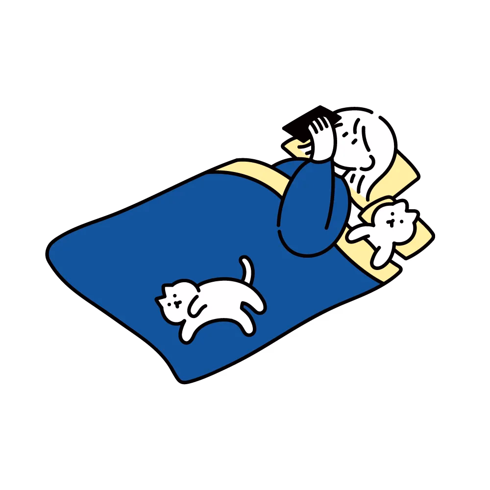 猫と一緒に横になっている女性のイラスト