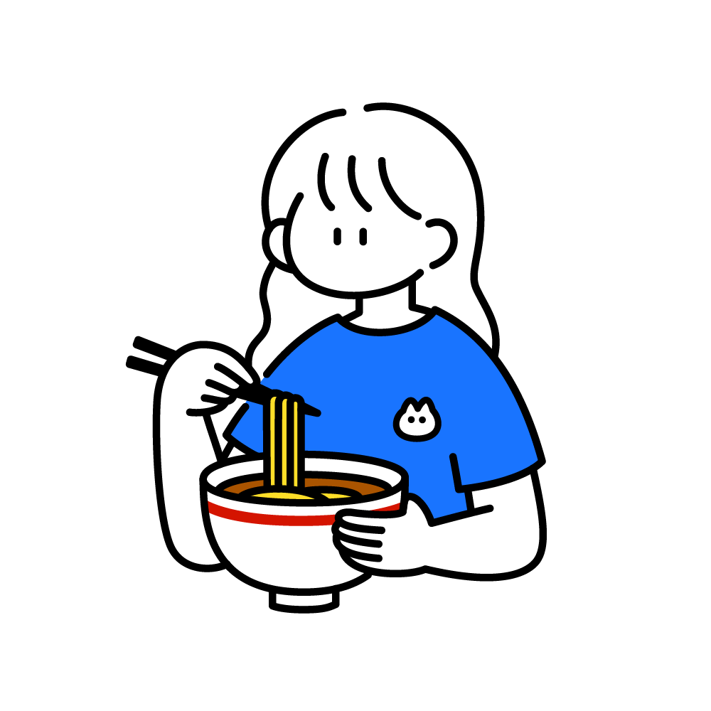 自炊せず、インスタントラーメンを食べている女性のイラスト