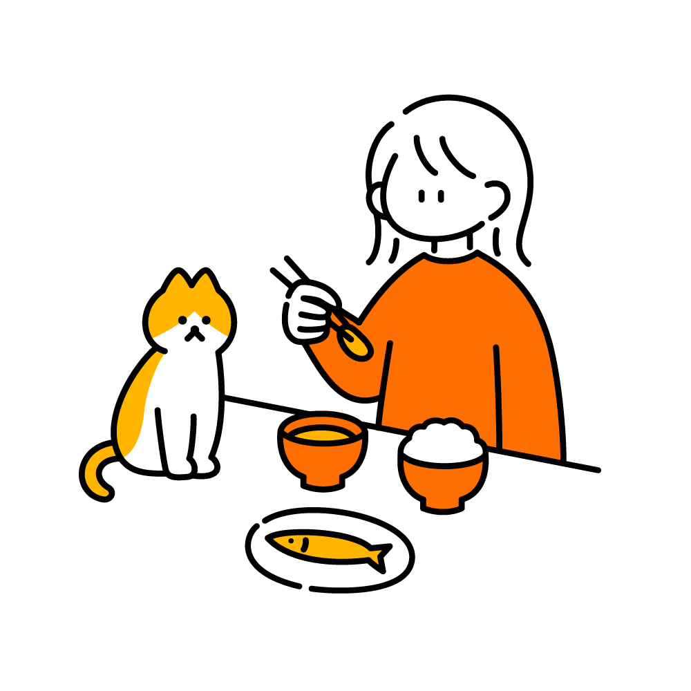 食事をしている女性とその食事を狙っている猫のイラスト
