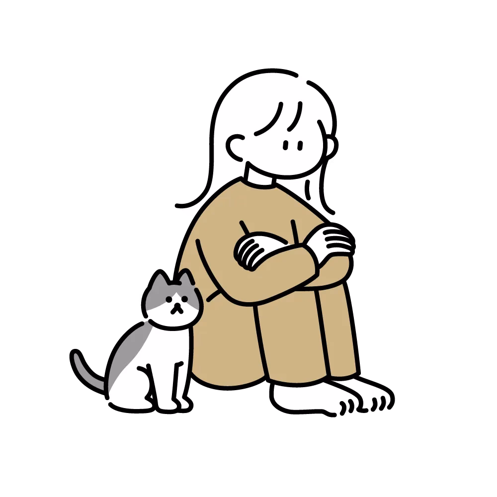 猫と疲れている女性のイラスト