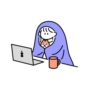 猫と一緒にPCを見ている女性のイラスト
