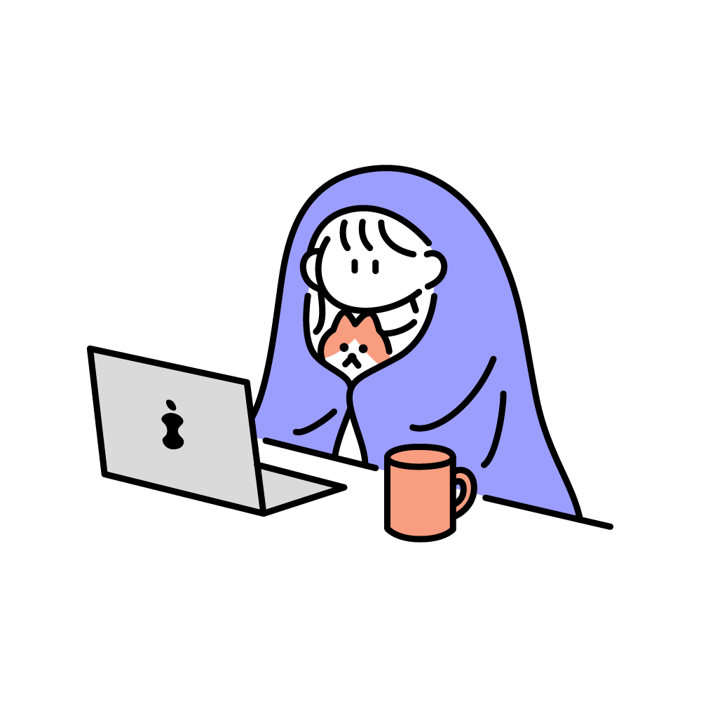 猫を膝に乗せ。、毛布を被せ、PCを見ている女性のイラスト